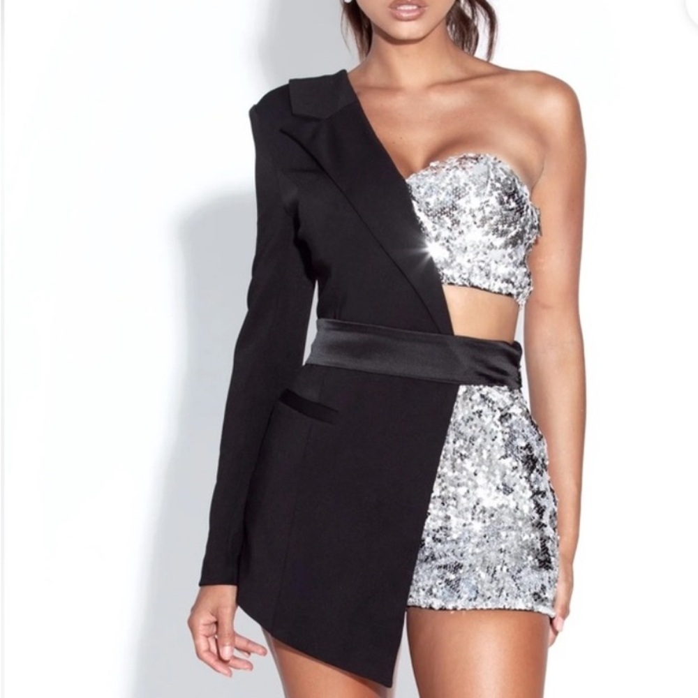 Black and Silver Sequin One-Shoulder Dress